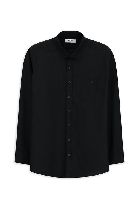 Black Long Sleeve Regular Fit Pocketed Wool Shirt