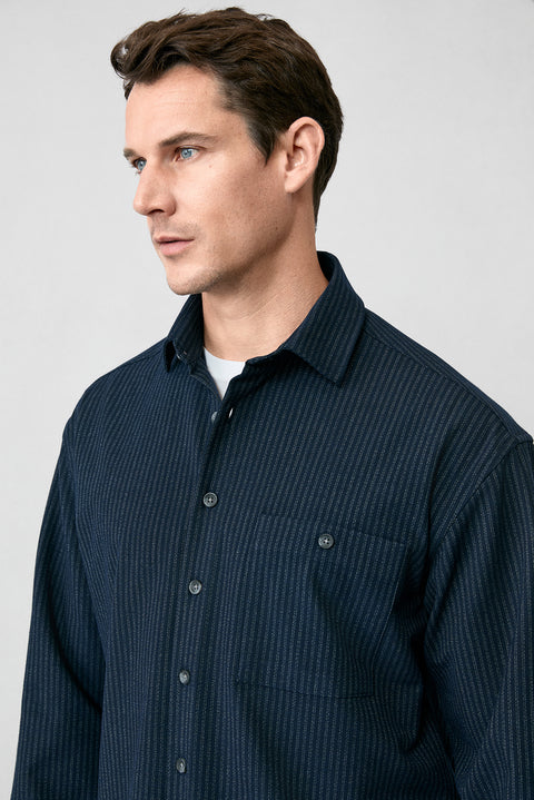 Dark Navy Long Sleeve Oversize Extra Relaxed Fit Striped Sport Shirt
