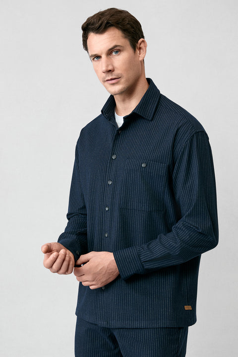 Dark Navy Long Sleeve Oversize Extra Relaxed Fit Striped Sport Shirt