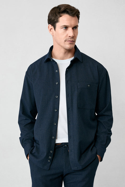 Dark Navy Long Sleeve Oversize Extra Relaxed Fit Striped Sport Shirt