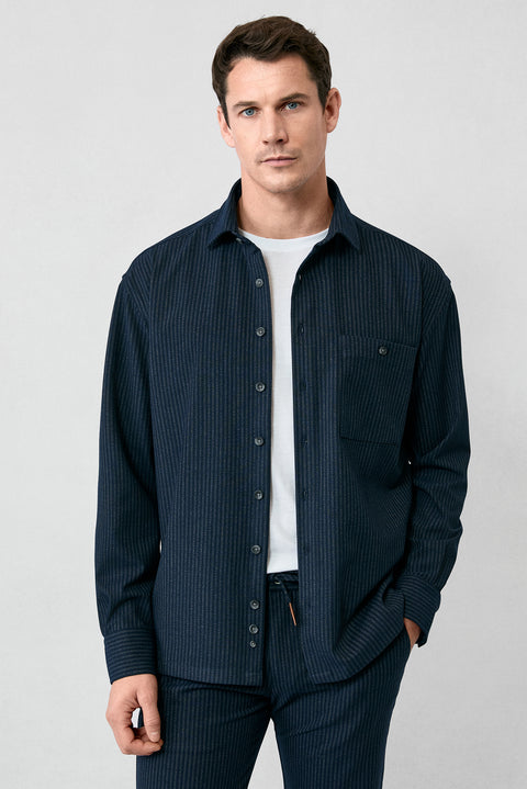 Dark Navy Long Sleeve Oversize Extra Relaxed Fit Striped Sport Shirt