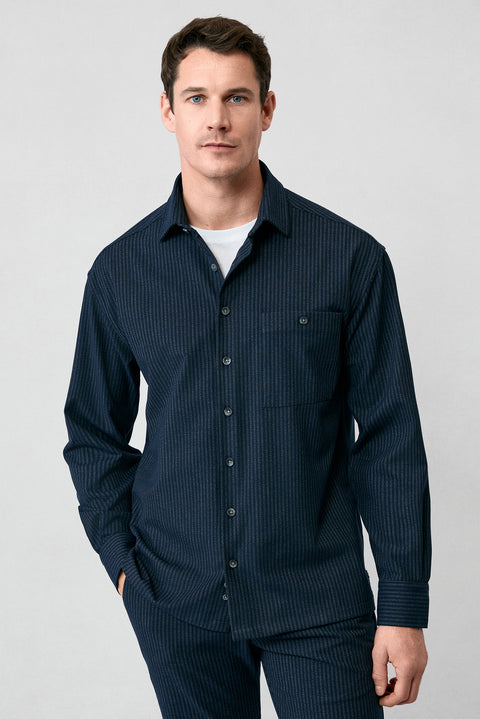 Dark Navy Long Sleeve Oversize Extra Relaxed Fit Striped Sport Shirt