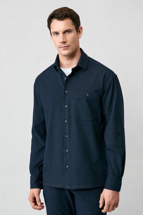 Dark Navy Long Sleeve Oversize Extra Relaxed Fit Striped Sport Shirt