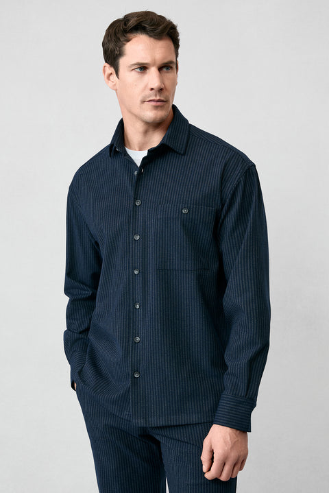 Dark Navy Long Sleeve Oversize Extra Relaxed Fit Striped Sport Shirt