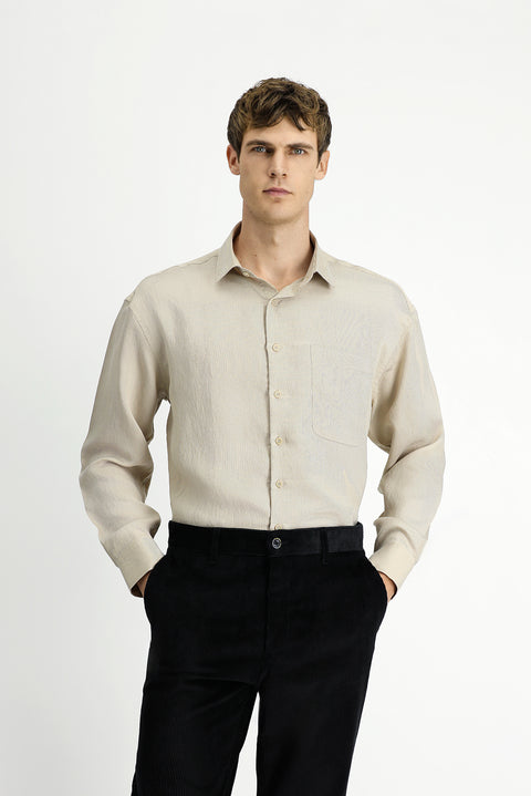 Light Beige Long Sleeve Oversize Extra Relaxed Fit Striped Modal Blend Shirt