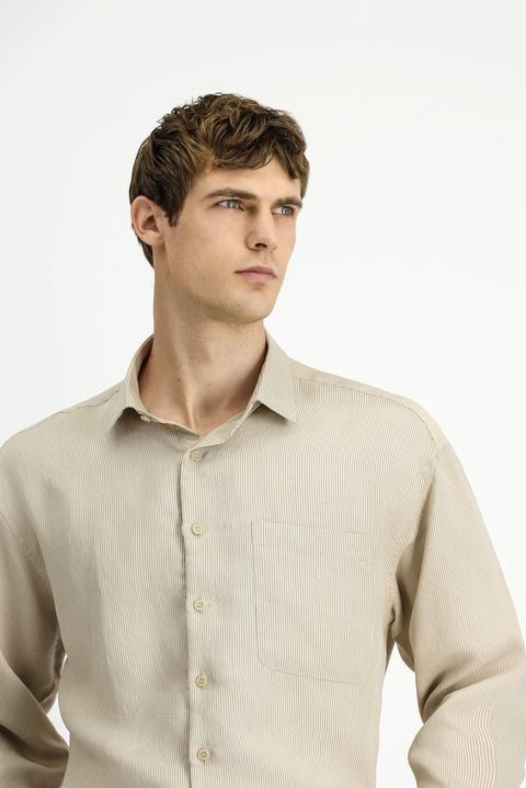 Light Beige Long Sleeve Oversize Extra Relaxed Fit Striped Modal Blend Shirt