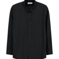 Black Long Sleeve Regular Fit Striped Wool Shirt