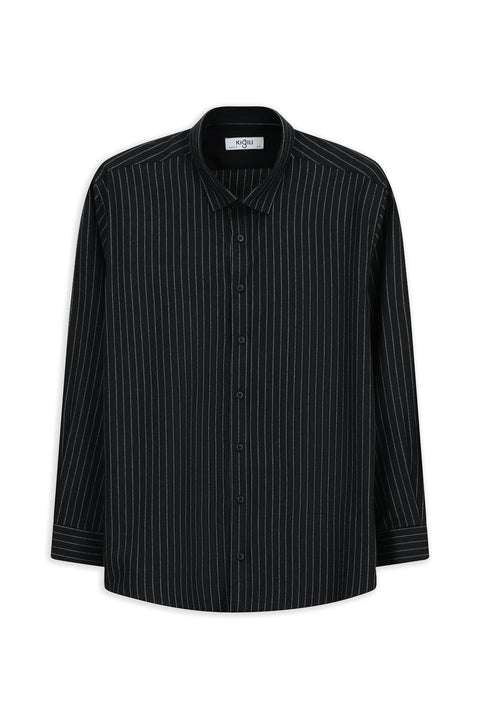 Black Long Sleeve Regular Fit Striped Wool Shirt