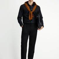 Black Long Sleeve Oversize Extra Relaxed Fit Striped Wool Shirt