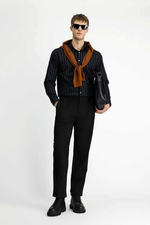 Black Long Sleeve Oversize Extra Relaxed Fit Striped Wool Shirt