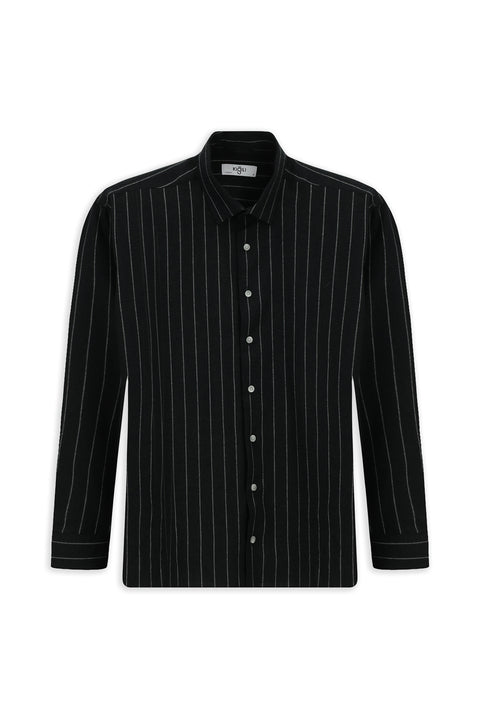 Black Long Sleeve Oversize Extra Relaxed Fit Striped Wool Shirt