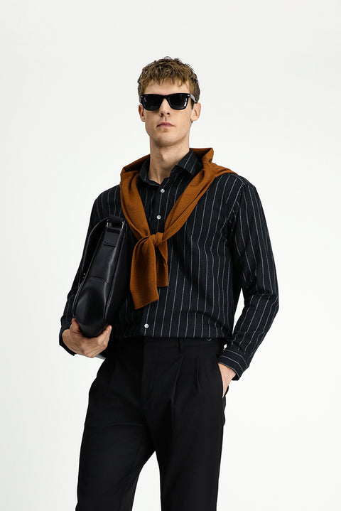 Black Long Sleeve Oversize Extra Relaxed Fit Striped Wool Shirt