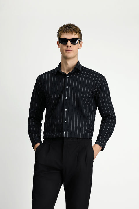 Black Long Sleeve Oversize Extra Relaxed Fit Striped Wool Shirt