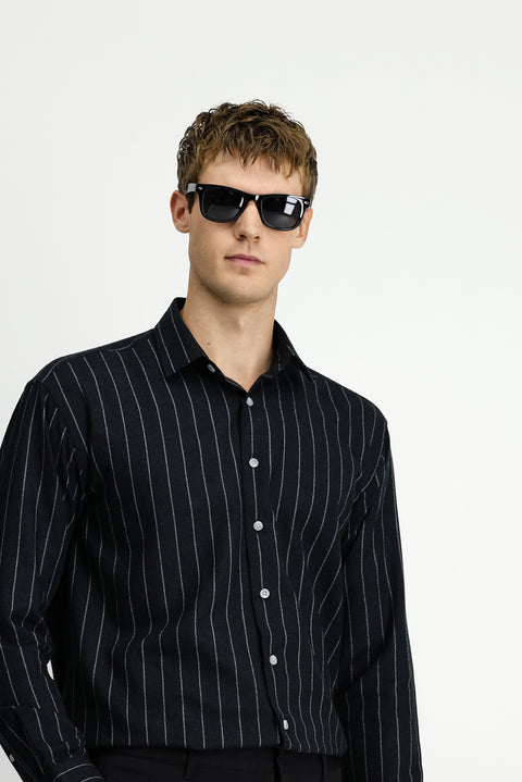 Black Long Sleeve Oversize Extra Relaxed Fit Striped Wool Shirt