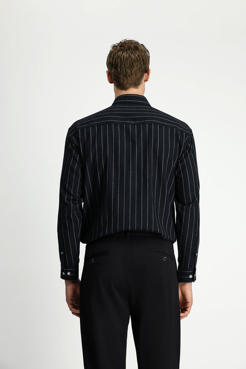 Black Long Sleeve Oversize Extra Relaxed Fit Striped Wool Shirt