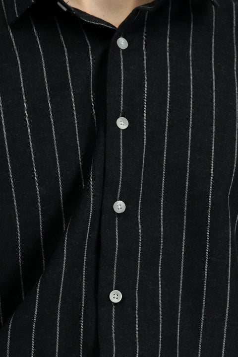 Black Long Sleeve Oversize Extra Relaxed Fit Striped Wool Shirt