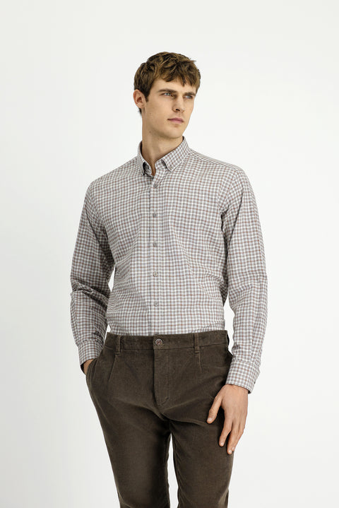 Medium Beige Long Sleeve Regular Fit Button-Down Collar Sport Cotton Plaid Lumberjack Shirt