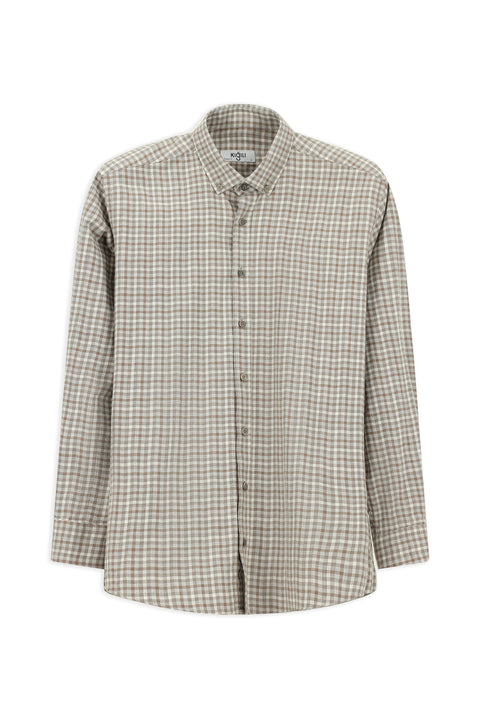 Medium Beige Long Sleeve Regular Fit Button-Down Collar Sport Cotton Plaid Lumberjack Shirt