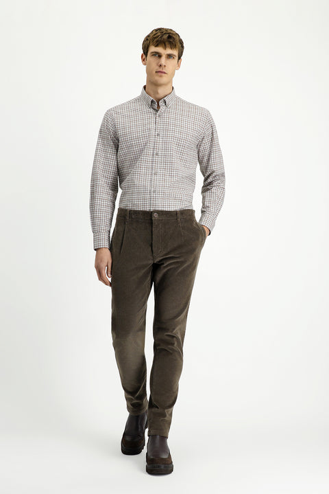 Medium Beige Long Sleeve Regular Fit Button-Down Collar Sport Cotton Plaid Lumberjack Shirt