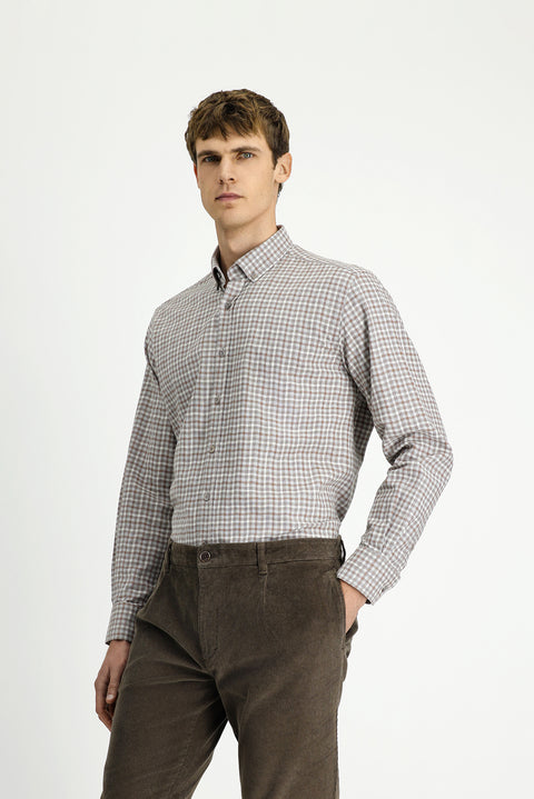 Medium Beige Long Sleeve Regular Fit Button-Down Collar Sport Cotton Plaid Lumberjack Shirt