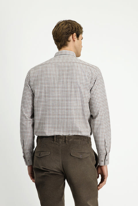 Medium Beige Long Sleeve Regular Fit Button-Down Collar Sport Cotton Plaid Lumberjack Shirt