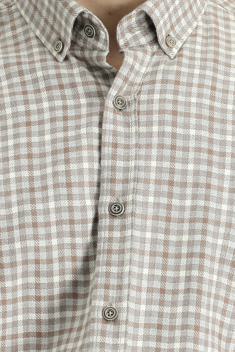 Medium Beige Long Sleeve Regular Fit Button-Down Collar Sport Cotton Plaid Lumberjack Shirt