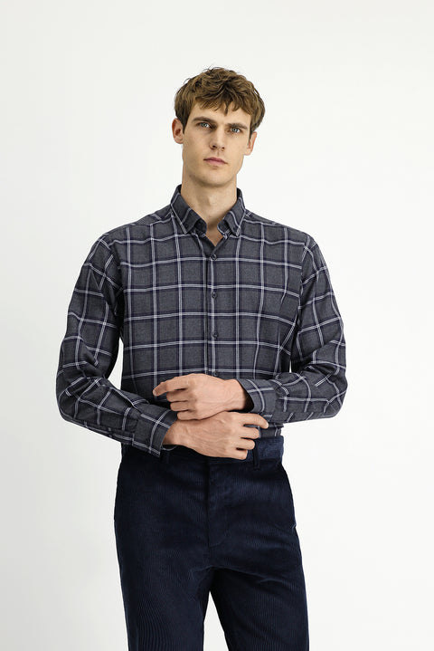 Dark Gray Long Sleeve Regular Fit Button-Down Collar Sport Cotton Plaid Lumberjack Shirt