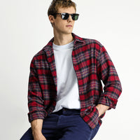 Flag Red Long Sleeve Oversize Extra Relaxed Fit Plaid Cotton Shacket Lumberjack Shirt