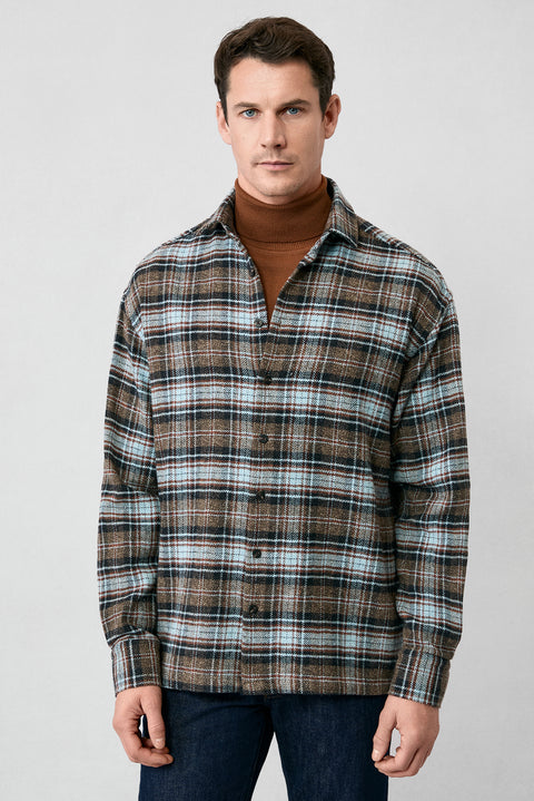Medium Brown Long Sleeve Oversize Extra Relaxed Fit Plaid Cotton Lumberjack Winter Shirt