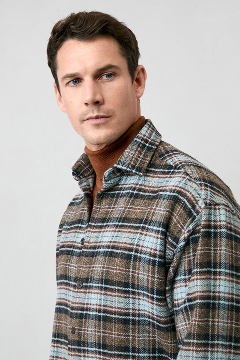 Medium Brown Long Sleeve Oversize Extra Relaxed Fit Plaid Cotton Lumberjack Winter Shirt