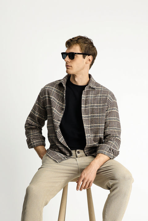 Medium Brown Long Sleeve Oversize Extra Relaxed Fit Plaid Cotton Shacket Lumberjack Shirt