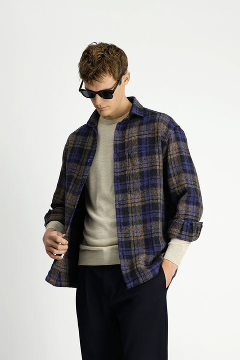 Cobalt Blue Long Sleeve Oversize Extra Relaxed Fit Plaid Cotton Pocket Shacket Lumberjack Shirt
