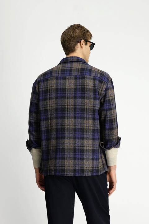 Cobalt Blue Long Sleeve Oversize Extra Relaxed Fit Plaid Cotton Pocket Shacket Lumberjack Shirt
