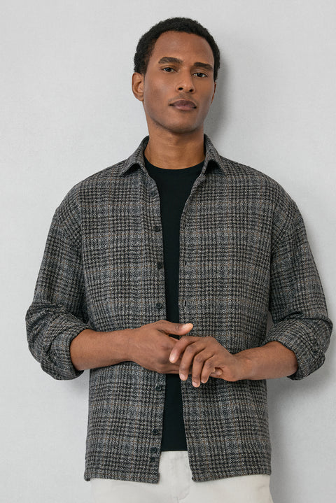 Medium Anthracite Long Sleeve Oversize Extra Relaxed Fit Plaid Cotton Lumberjack Winter Shirt