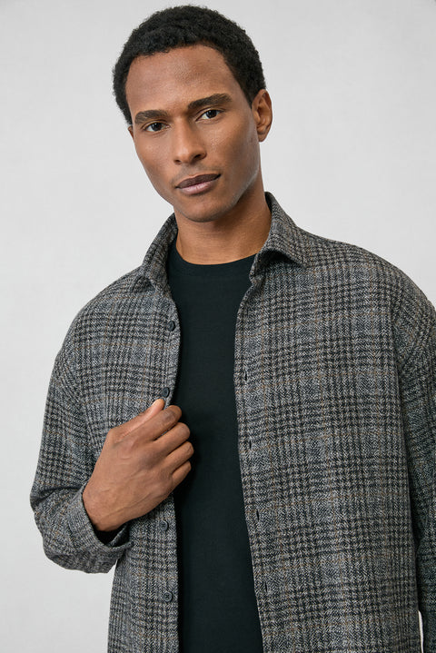 Medium Anthracite Long Sleeve Oversize Extra Relaxed Fit Plaid Cotton Lumberjack Winter Shirt