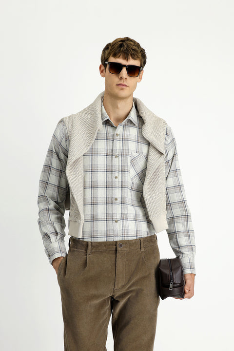 Light Beige Long Sleeve Regular Fit Sport Cotton Plaid Lumberjack Shirt