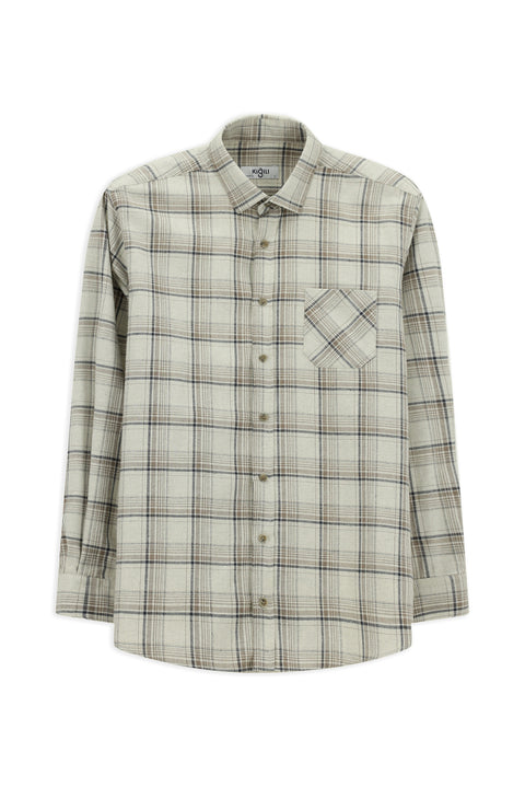 Light Beige Long Sleeve Regular Fit Sport Cotton Plaid Lumberjack Shirt