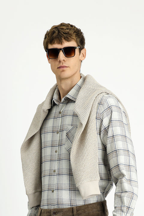 Light Beige Long Sleeve Regular Fit Sport Cotton Plaid Lumberjack Shirt