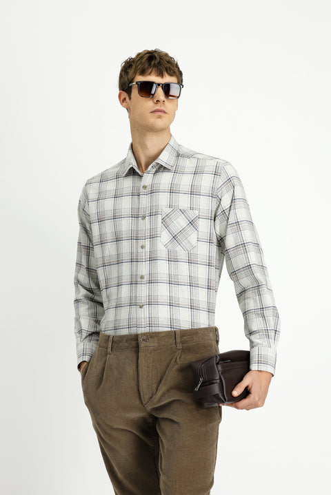 Light Beige Long Sleeve Regular Fit Sport Cotton Plaid Lumberjack Shirt
