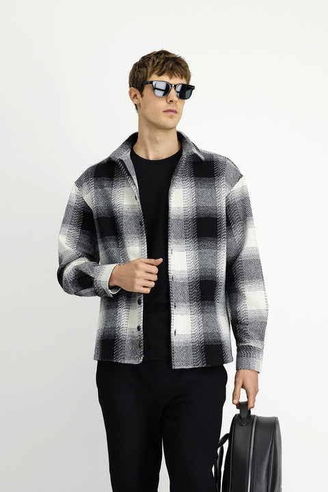 Black Long Sleeve Oversize Extra Relaxed Fit Sport Plaid Shacket Lumberjack Cotton Shirt / Jacket