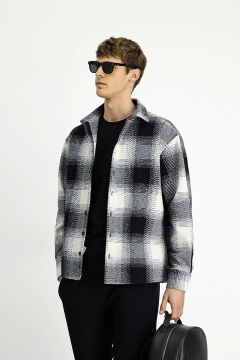 Black Long Sleeve Oversize Extra Relaxed Fit Sport Plaid Shacket Lumberjack Cotton Shirt / Jacket