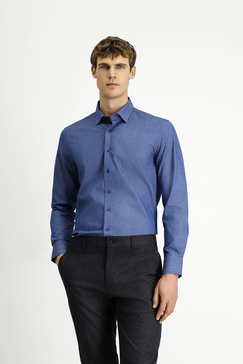 İndigo Uzun Kol Slim Fit Dar Kesim Spor Desenli Pamuk Denim Gömlek