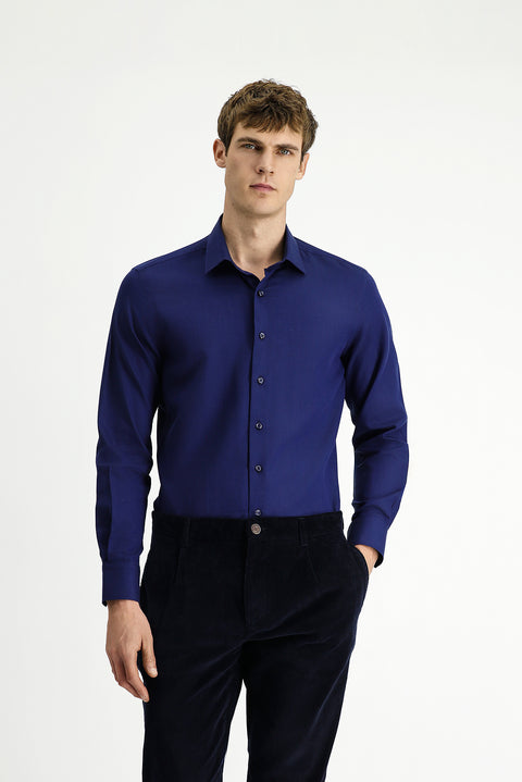 Dark Navy Long Sleeve Slim Fit Narrow Cut Sporty Patterned Cotton Denim Shirt