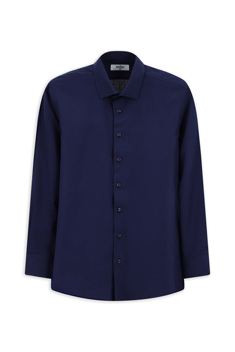 Dark Navy Long Sleeve Slim Fit Narrow Cut Sporty Patterned Cotton Denim Shirt