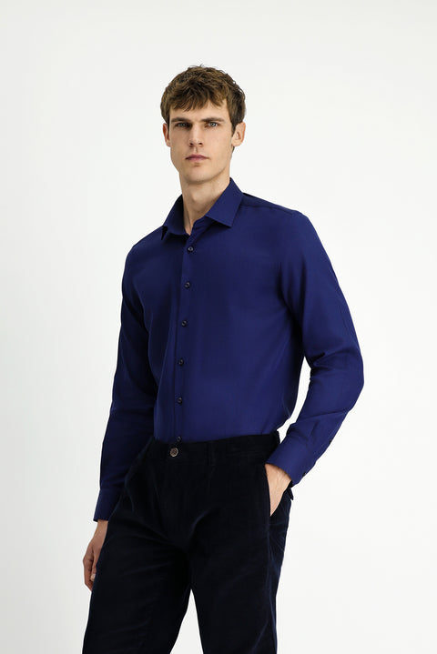 Dark Navy Long Sleeve Slim Fit Narrow Cut Sporty Patterned Cotton Denim Shirt