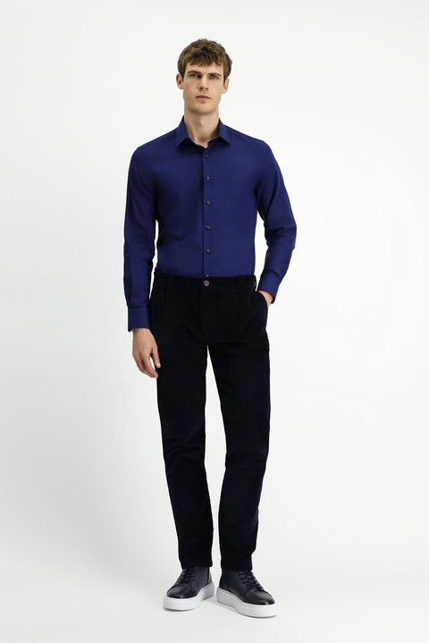 Dark Navy Long Sleeve Slim Fit Narrow Cut Sporty Patterned Cotton Denim Shirt