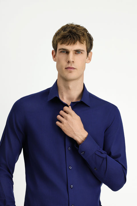 Dark Navy Long Sleeve Slim Fit Narrow Cut Sporty Patterned Cotton Denim Shirt