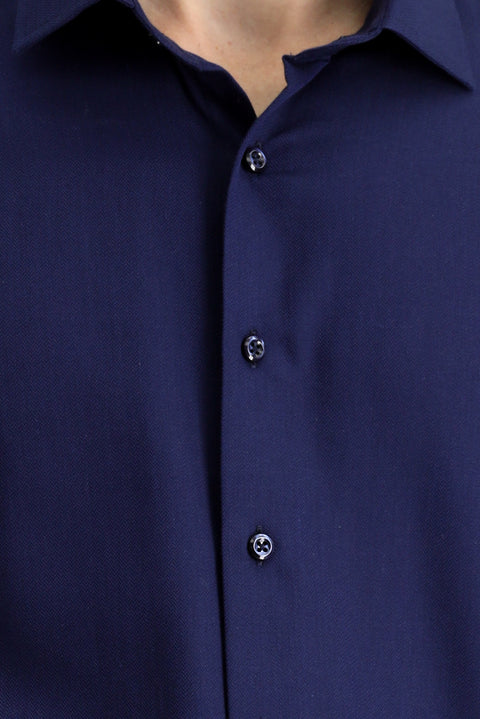 Dark Navy Long Sleeve Slim Fit Narrow Cut Sporty Patterned Cotton Denim Shirt