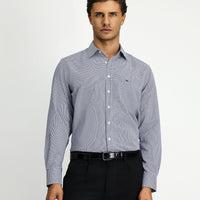 Dark Navy Long Sleeve Classic Patterned Cotton Shirt with Pockets, Easy Iron