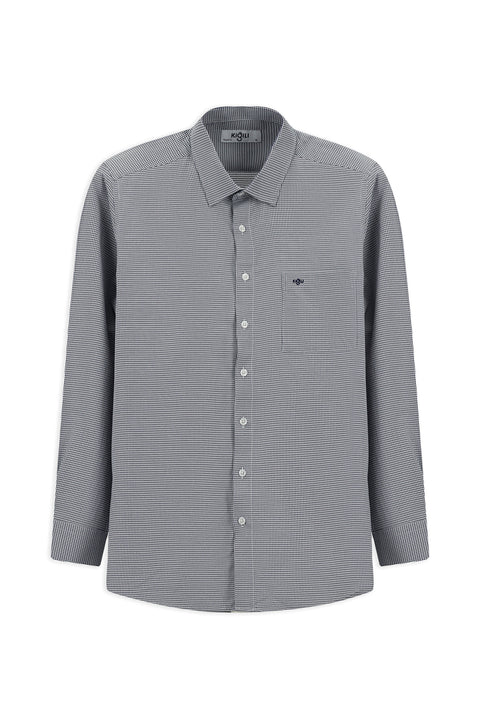 Dark Navy Long Sleeve Classic Patterned Cotton Shirt with Pockets, Easy Iron